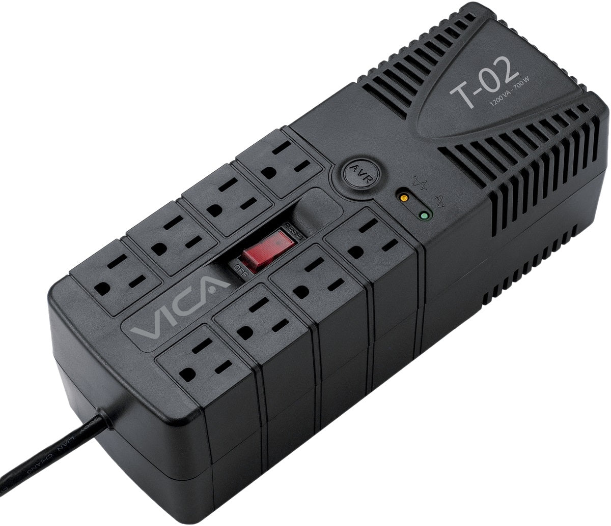 Regulador VICA T-02 1200VA/700W - Voltaje 120VCA /60Hz, breaker térmico, 8 tomas protegidas, indicadores LED, puerto RJ11, empotrable en pared Regulador VICA T-02 1200VA/700W - Voltaje 120VCA /60Hz, breaker térmico, 8 tomas protegidas, indicadores LED, puerto RJ11, empotrable en pared